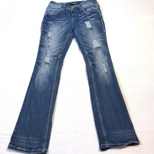 fflAMINGO Womens Size S Blue Distressed Flare Jeans Ripped Embellished Sz 28